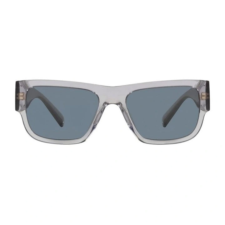 Versace grey transparent square sunglasses with grey lenses and Medusa emblem, available at Lestyle Boutique Melbourne. A stylish and modern accessory for sunny days.
