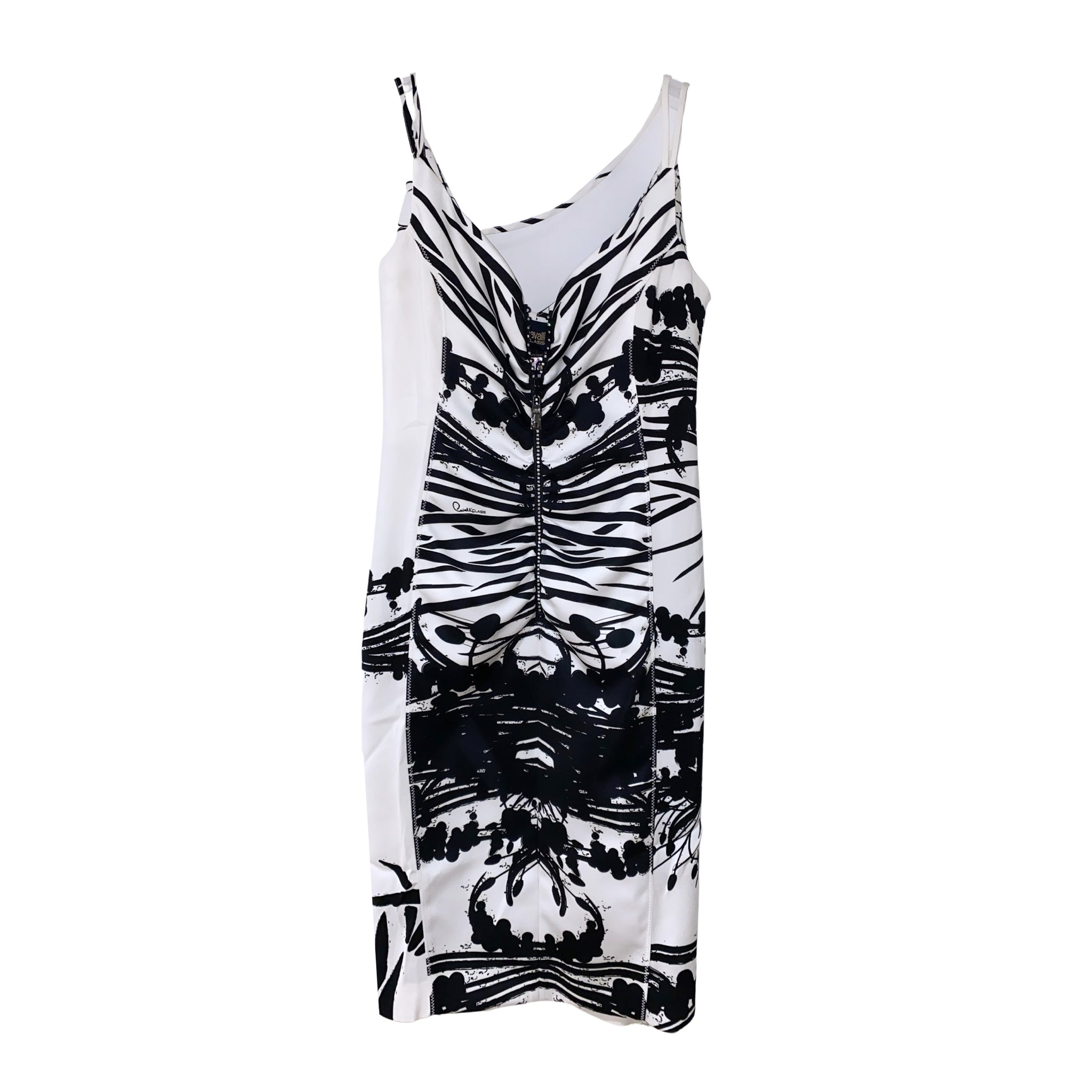 Sleeveless dress from Cavalli Class in white, featuring thin straps and a black abstract symmetrical print down the front, available at Lestyle Boutique 136 Little Collins St.