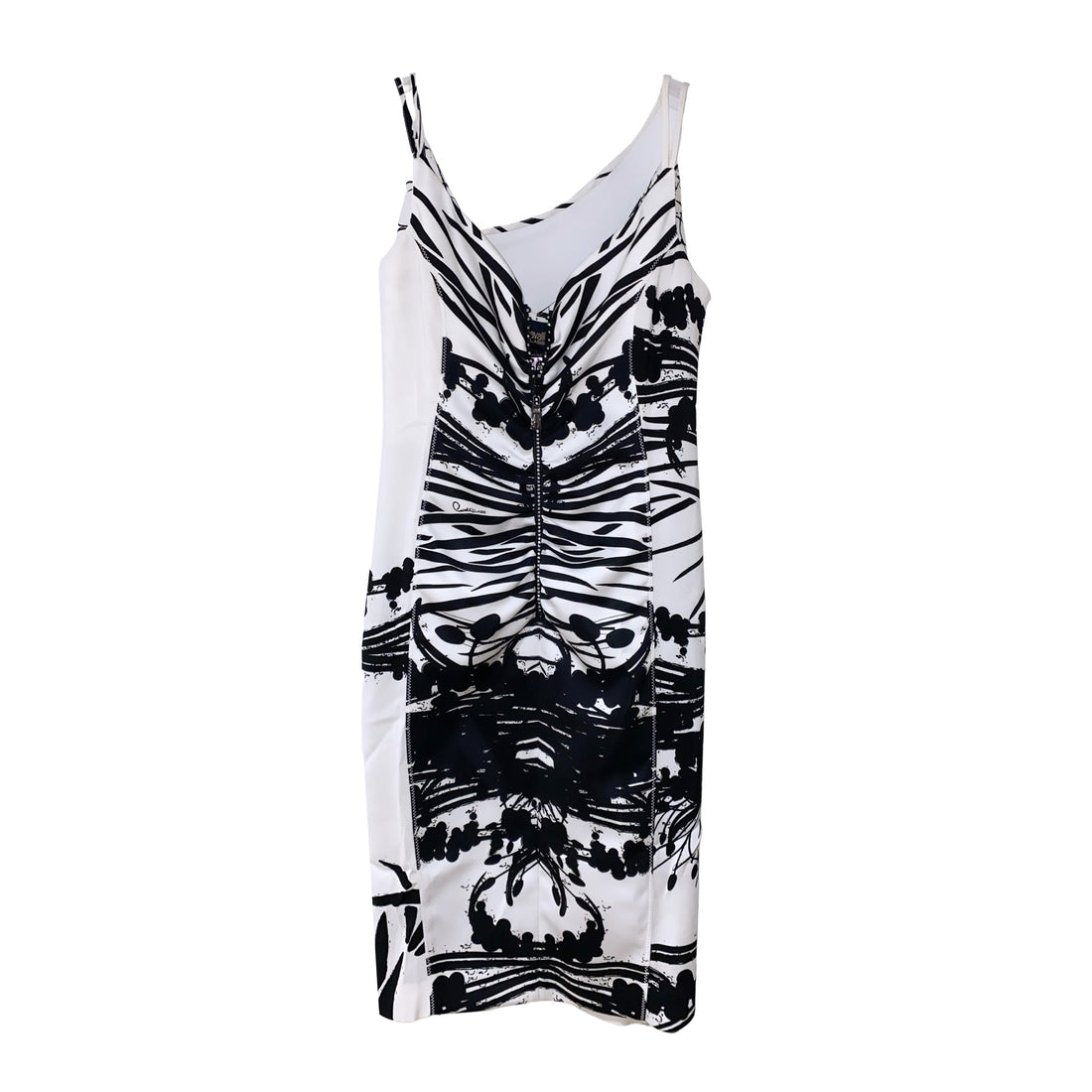 Sleeveless dress from Cavalli Class in white, featuring thin straps and a black abstract symmetrical print down the front, available at Lestyle Boutique 136 Little Collins St.