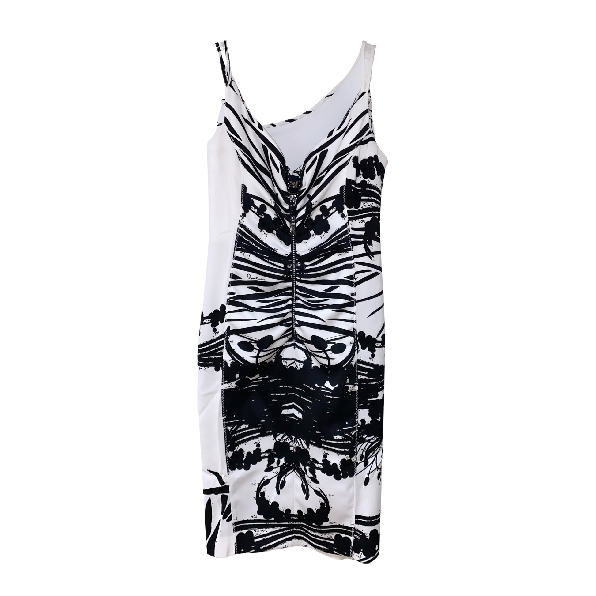 Sleeveless dress from Cavalli Class in white, featuring thin straps and a black abstract symmetrical print down the front, available at Lestyle Boutique 136 Little Collins St.