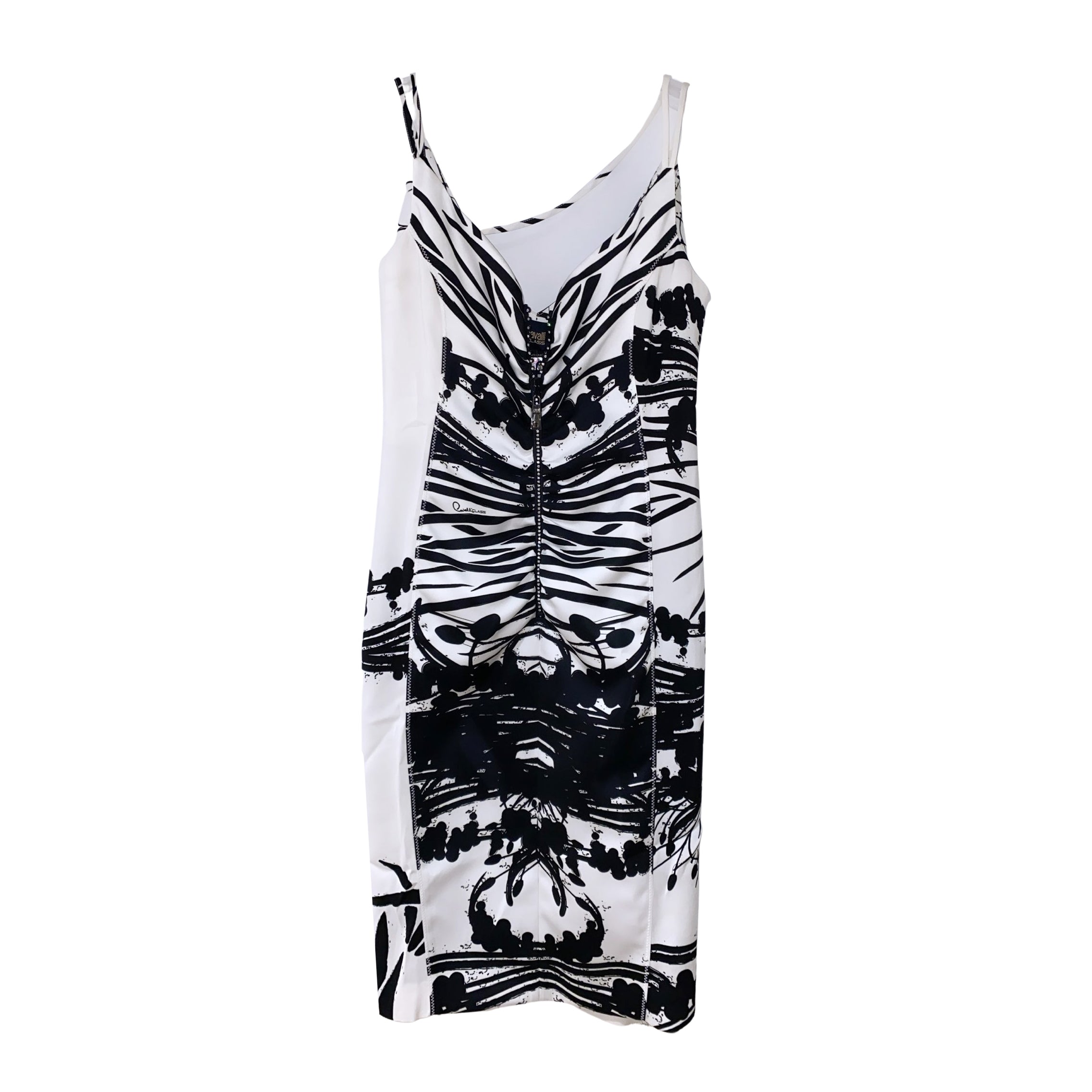 Sleeveless dress from Cavalli Class in white, featuring thin straps and a black abstract symmetrical print down the front, available at Lestyle Boutique 136 Little Collins St.
