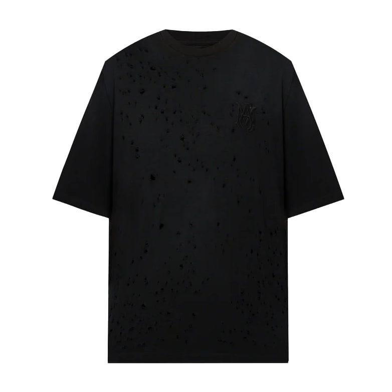 A black cotton t-shirt by AMIRI, available at Lestyle Boutique. Featuring a distressed vintage shotgun effect and tonal embroidered logo, this tee combines bold aesthetics with comfort.