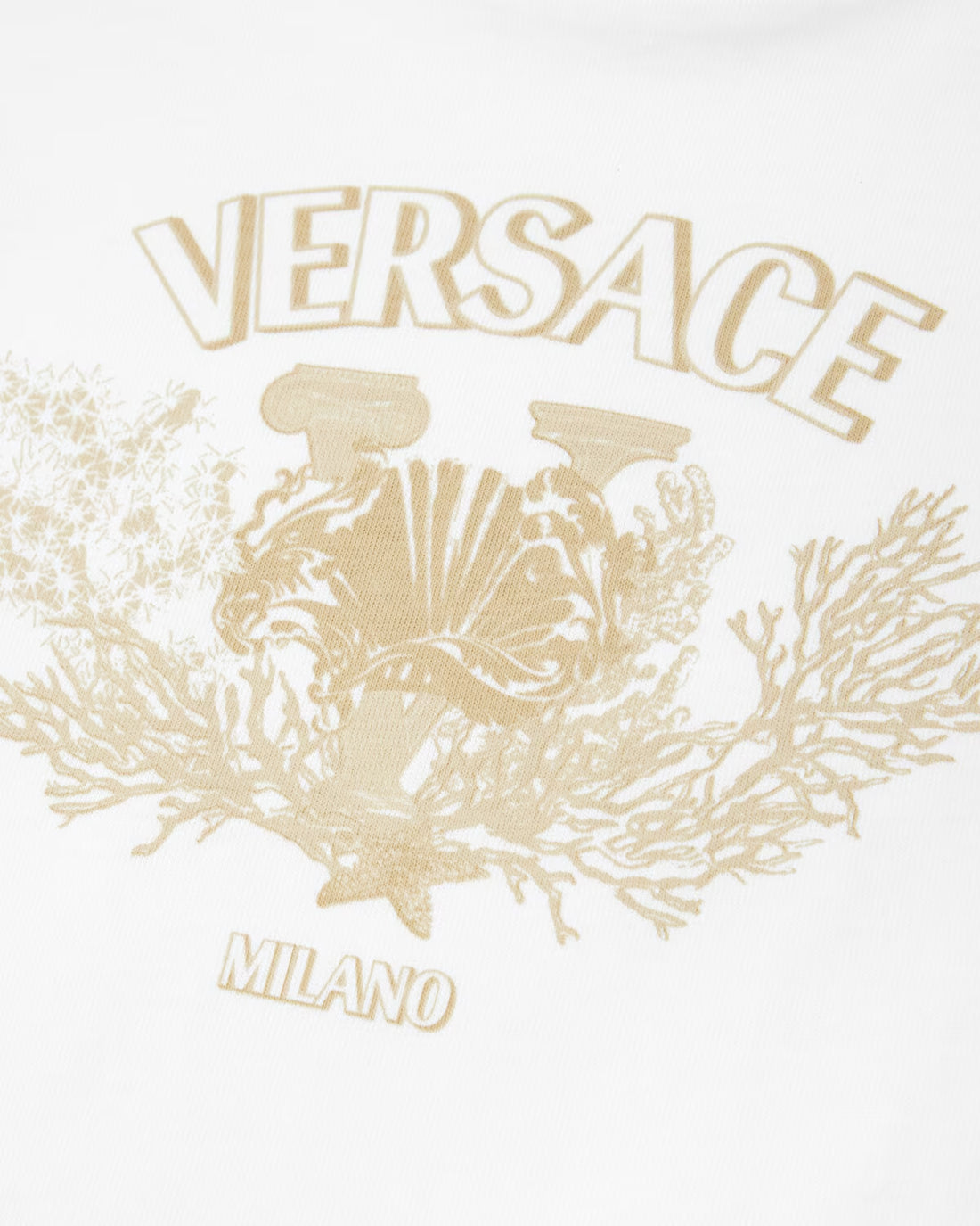 VERSACE UNIVERSITY CORAL BABY T-SHIRT in white, featuring a varsity-inspired crest design with aquatic details, available at Lestyle Boutique.
