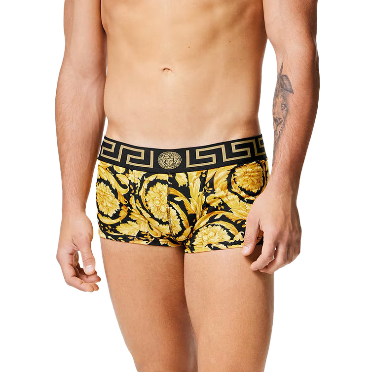 Versace Barocco print trunks with a Medusa logo elastic waistband, available at Lestyle. Slim fit underwear designed for comfort and style, featuring soft stretch fabric.