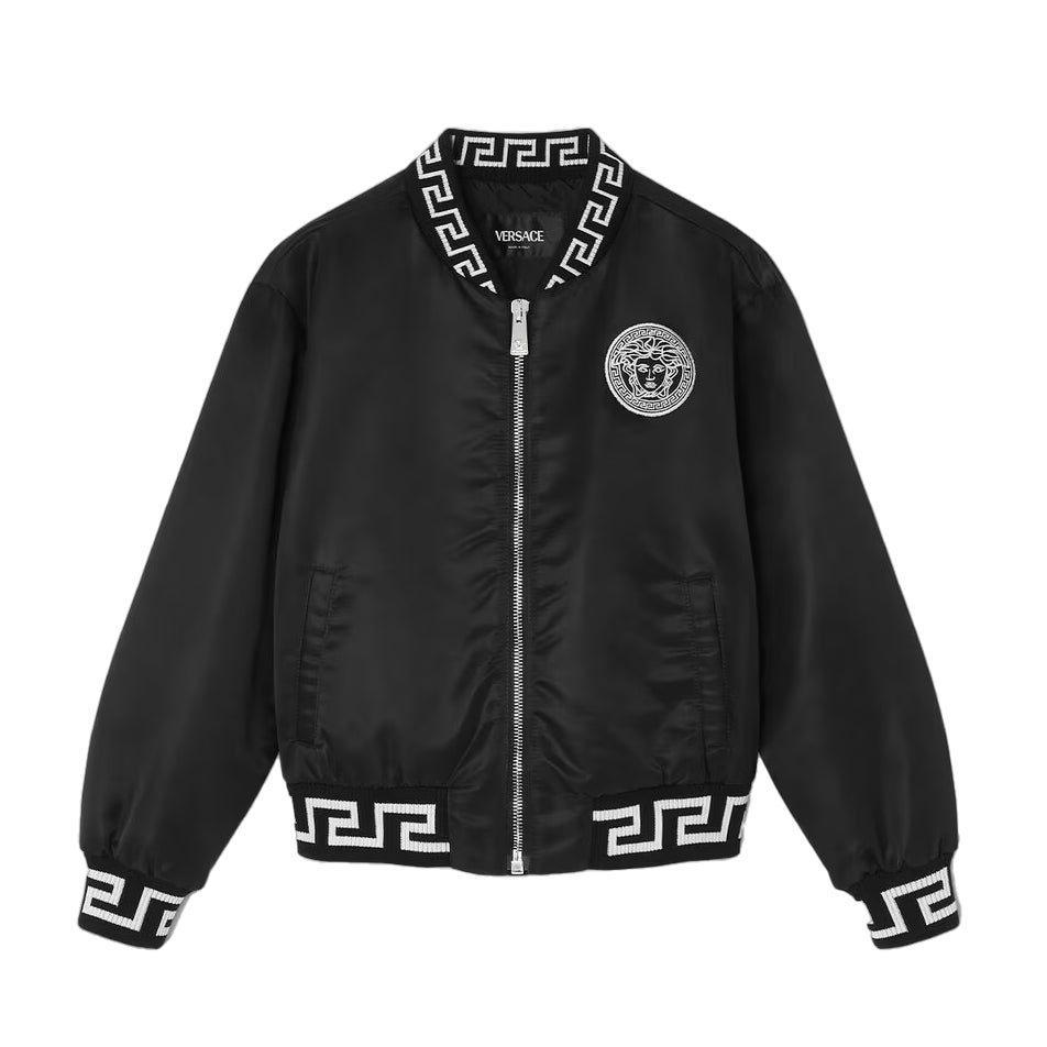 Versace Greca Kids Bomber Jacket in black with Medusa Kids motif and Greca ribbed detailing.