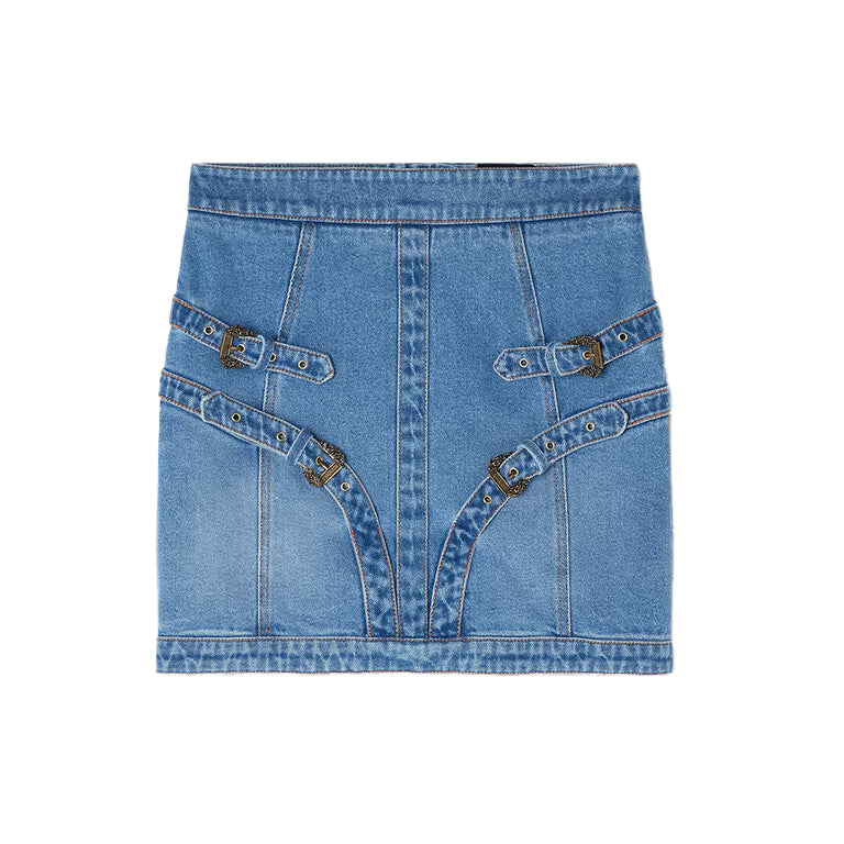Versace Jeans Couture Blue Denim Mini Skirt with Baroque Buckle hardware and top-stitching details, designed for a chic and modern style, available at Lestyle Boutique.