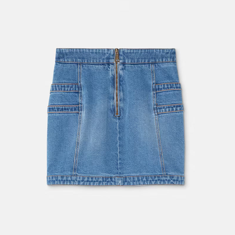 Versace Jeans Couture Blue Denim Mini Skirt with Baroque Buckle hardware and top-stitching details, designed for a chic and modern style, available at Lestyle Boutique.