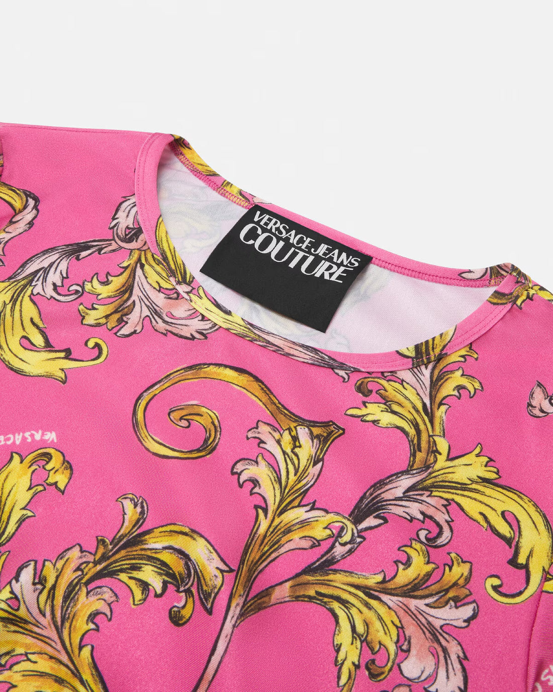 Versace Jeans Couture Pink Crop Top featuring Outline Barocco print, a stylish long-sleeve design perfect for a chic casual look, available at Lestyle Boutique.