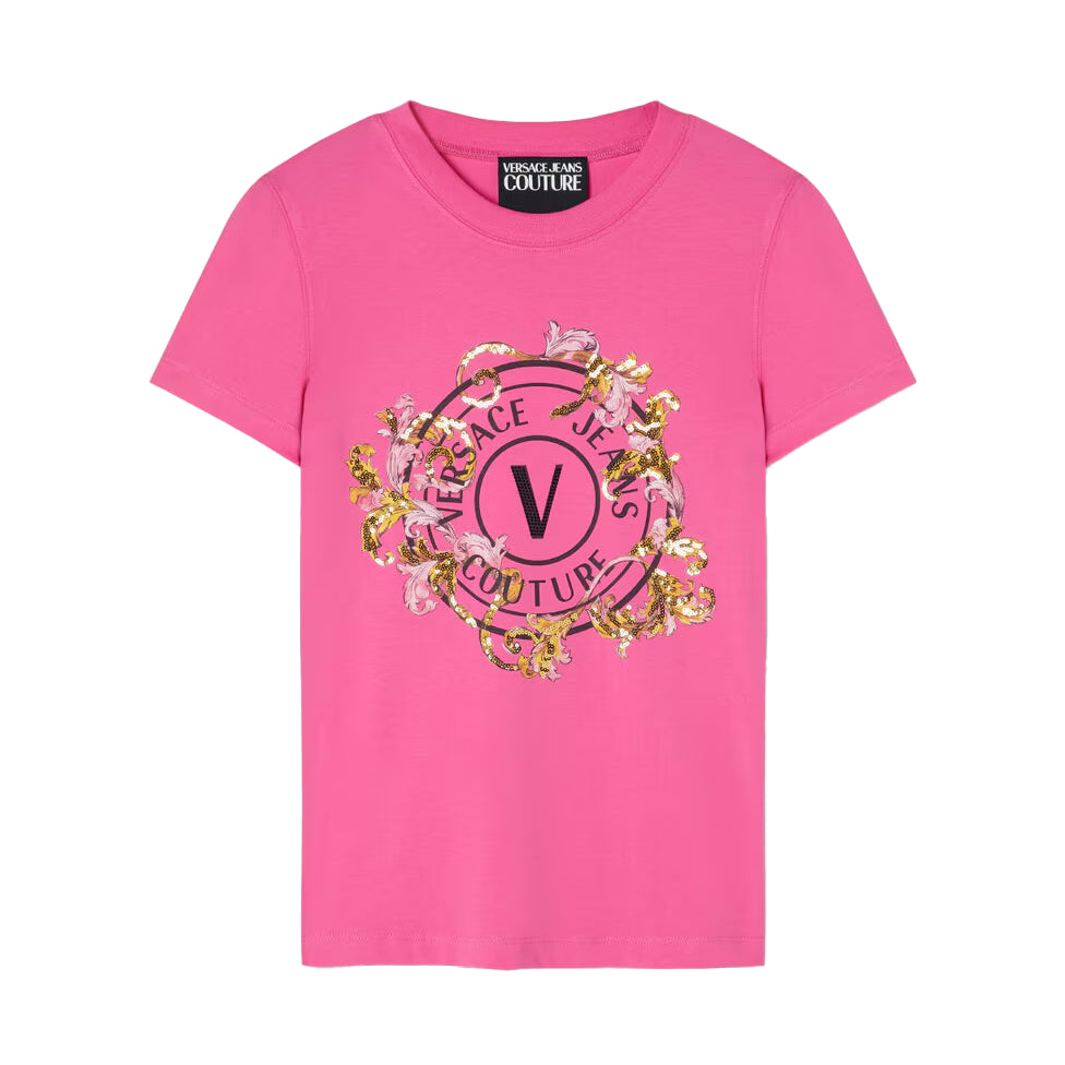Versace Jeans Couture Crystal Outline Barocco T-Shirt in Pink with crystal and sequin embellishments, featuring the iconic V-Emblem logo, available at Lestyle Boutique.