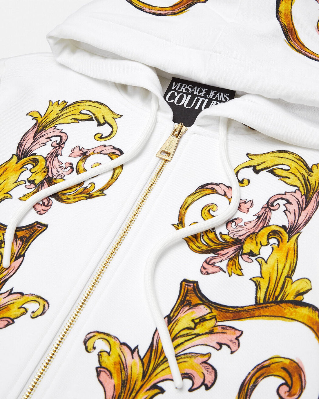 Versace Jeans Couture White Barocco-Printed Hoodie showcasing the iconic Barocco motif in yellow and orange tones, a statement piece that blends luxury and streetwear, available at Lestyle Boutique.