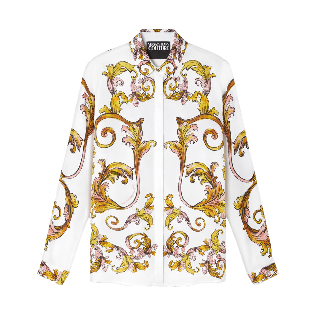 Versace Jeans Couture White Outline Barocco Shirt featuring the brand’s signature print and luxurious V-Emblem buttons, ideal for elevating your wardrobe with a touch of elegance and boldness. Available at Lestyle Boutique.