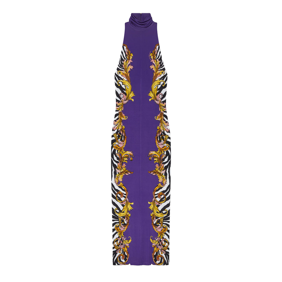Versace Jeans Couture Purple Outline Barocco Long Dress featuring zebra patterns, golden accents, and a sleeveless halter-neck design, ideal for sophisticated occasions, available at Lestyle Boutique.