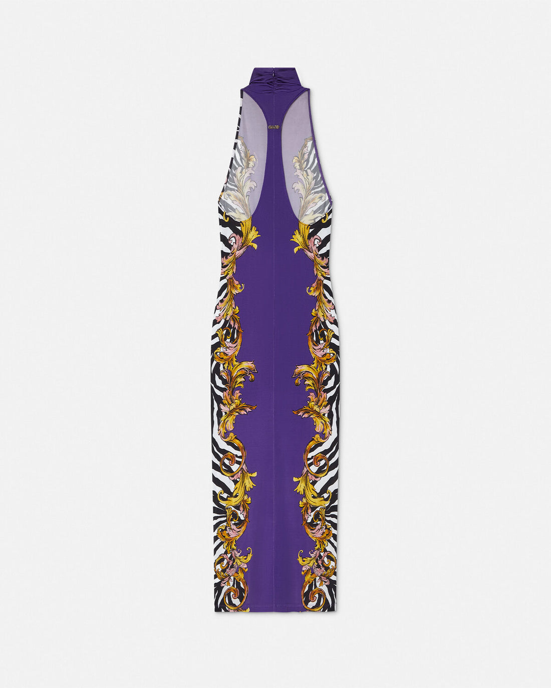 Versace Jeans Couture Purple Outline Barocco Long Dress featuring zebra patterns, golden accents, and a sleeveless halter-neck design, ideal for sophisticated occasions, available at Lestyle Boutique.