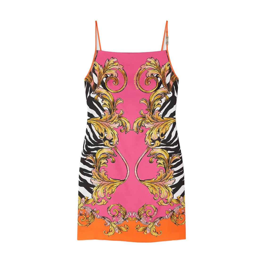Versace Jeans Couture Pink Outline Barocco Slip Mini Dress with adjustable straps, bold zebra and floral prints, and signature logo hardware, available at Lestyle Boutique.