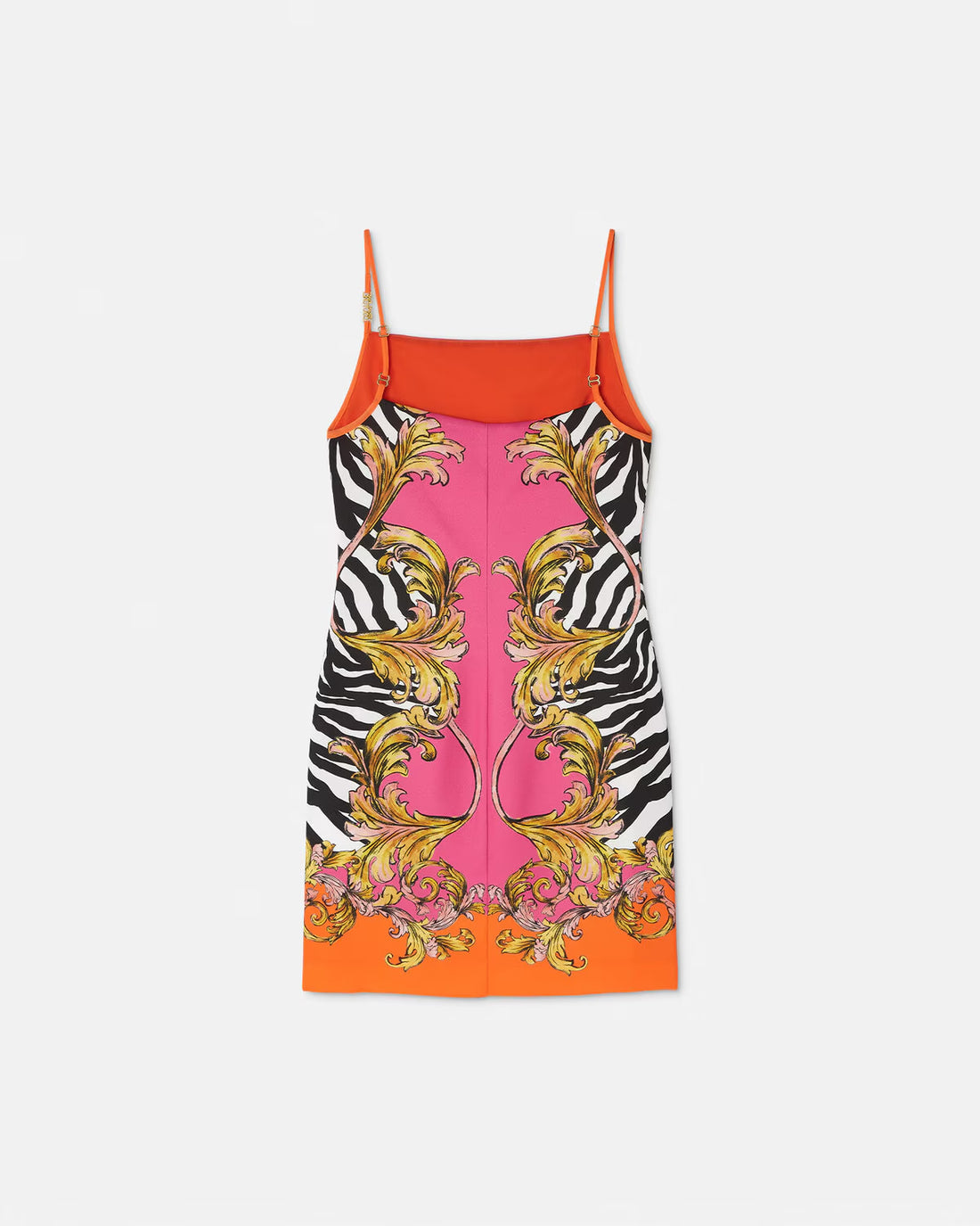 Versace Jeans Couture Pink Outline Barocco Slip Mini Dress with adjustable straps, bold zebra and floral prints, and signature logo hardware, available at Lestyle Boutique.