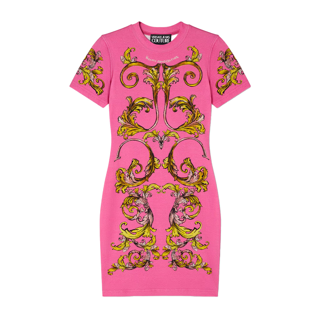 Versace Jeans Couture Pink Outline Barocco T-Shirt Dress featuring an iconic Barocco print and short-sleeve design, crafted from premium cotton with a hint of elastane for a perfect fit, available at Lestyle Boutique.