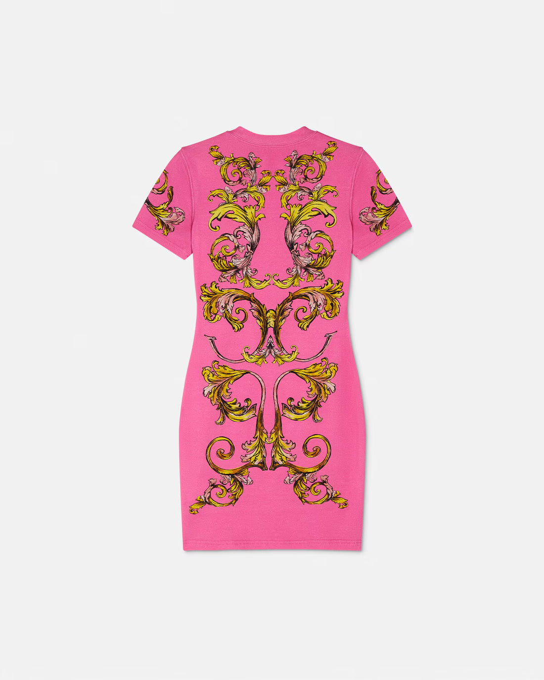 Versace Jeans Couture Pink Outline Barocco T-Shirt Dress featuring an iconic Barocco print and short-sleeve design, crafted from premium cotton with a hint of elastane for a perfect fit, available at Lestyle Boutique.