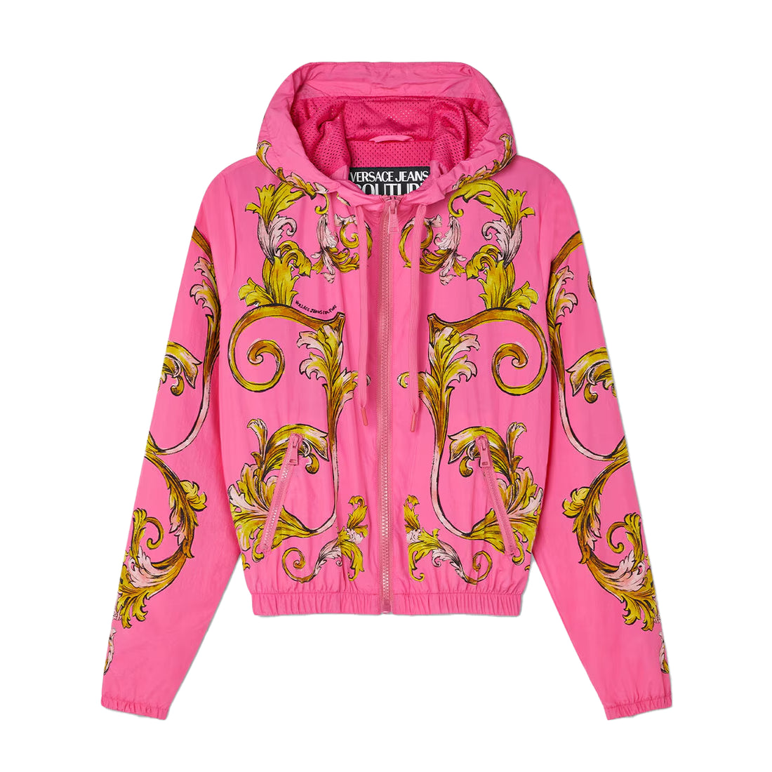 Versace Jeans Couture Outline Barocco Windbreaker Jacket in Pink featuring the iconic Barocco print, available at Lestyle Boutique.