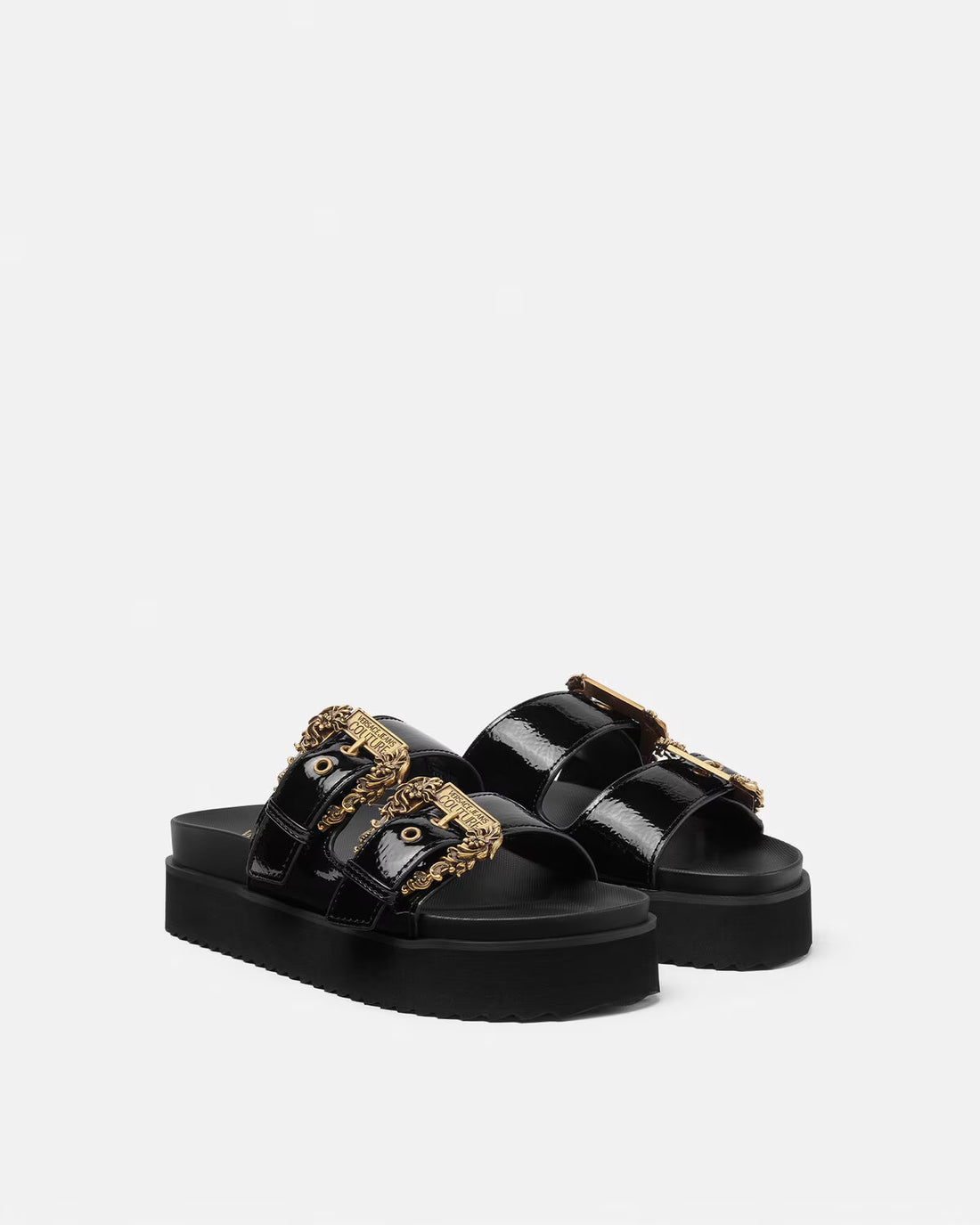 Versace Jeans Couture Baroque Buckle Arizona Sandals in sleek black, featuring signature Baroque buckles and a comfortable platform design, available at Lestyle Boutique.