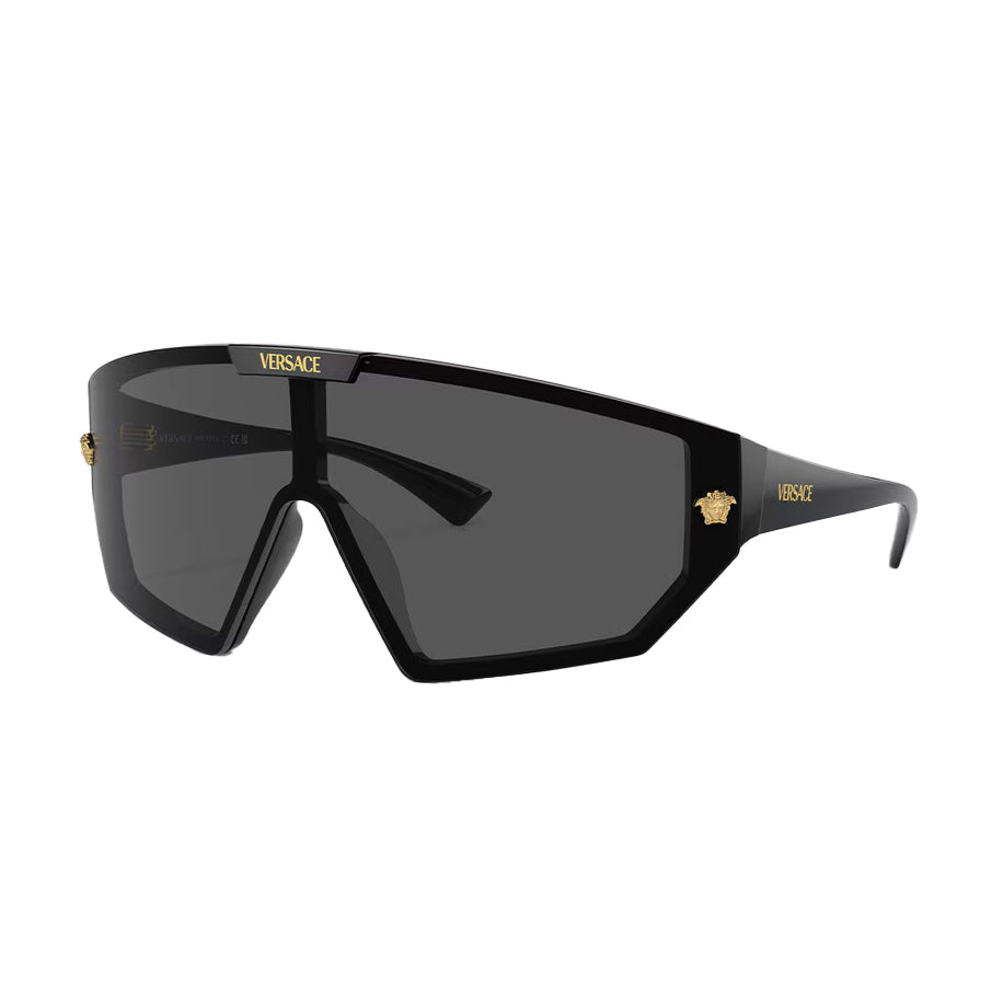Versace Medusa Horizon black shield sunglasses with interchangeable grey and golden lenses, available at Lestyle Boutique Melbourne. A bold and versatile accessory for any occasion.
