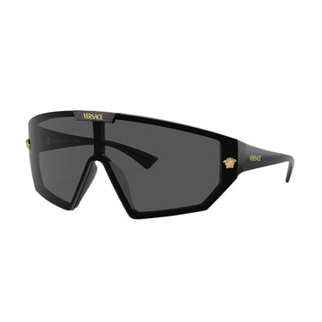 Versace Medusa Horizon black shield sunglasses with interchangeable grey and golden lenses, available at Lestyle Boutique Melbourne. A bold and versatile accessory for any occasion.