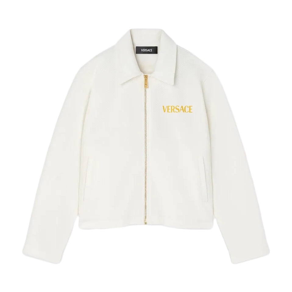 Versace Medusa Garland Kids Zip Polo Shirt in white, featuring long sleeves, a pointed collar, a front zip closure, and signature Medusa Garland detailing, available at Lestyle Boutique.