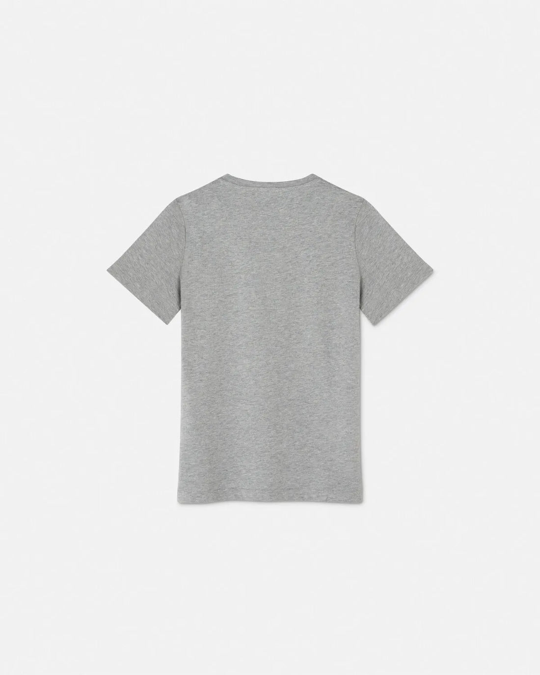 Versace Kids Logo T-Shirt in grey mélange cotton, featuring a textured Versace logo motif with a subtle glitter effect, crewneck cut, and short sleeves, available at Lestyle Boutique.