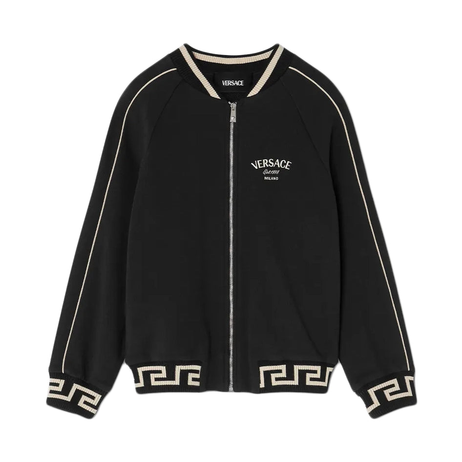 Versace Studded Medusa Kids Zip Sweatshirt in black, featuring a stud-embellished Medusa motif, Versace Milano Stamp embroidery, ribbed Greca border, and zip closure, available at Lestyle Boutique.