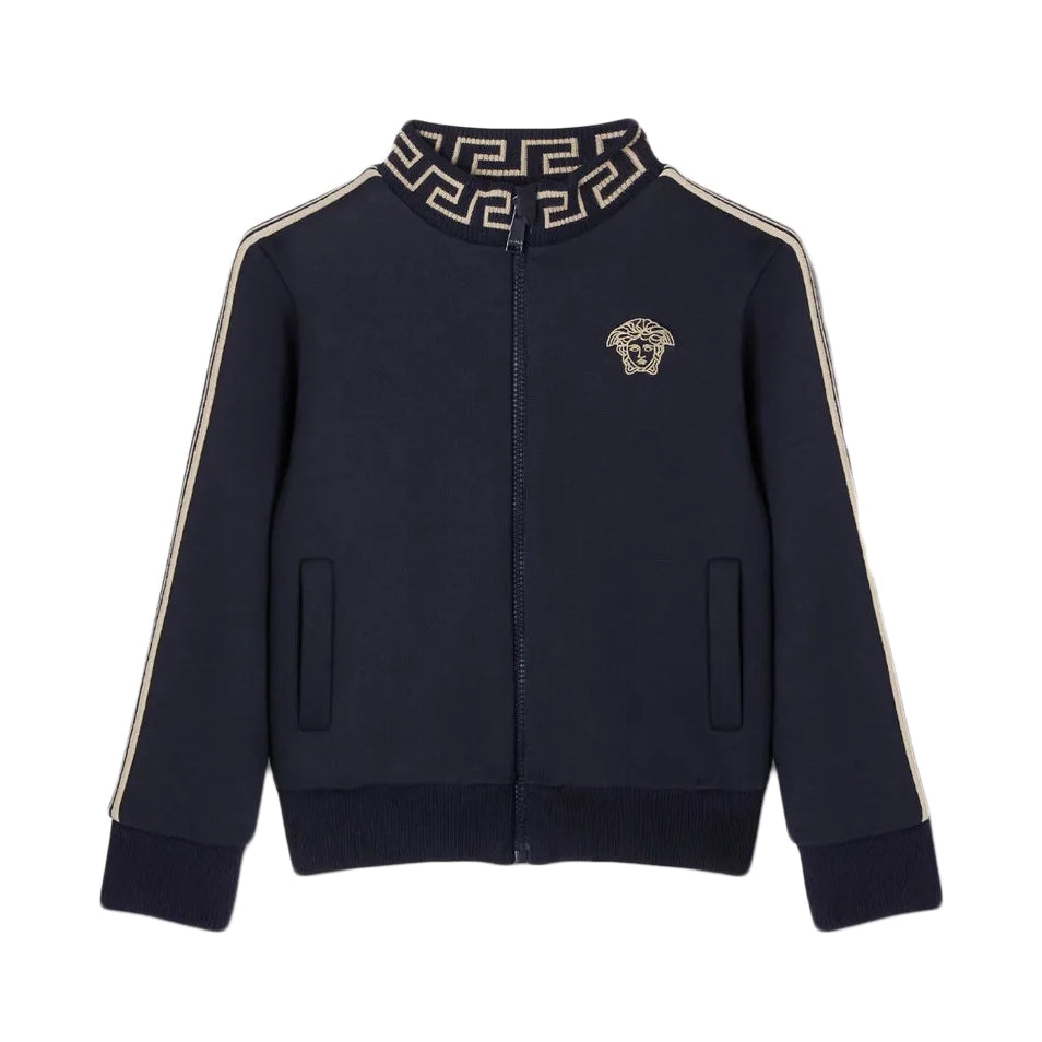 Versace Kids Greca Sweatshirt in blue, featuring Medusa embroidery, a ribbed Greca collar, and striped sleeve bands, available at Lestyle Boutique.