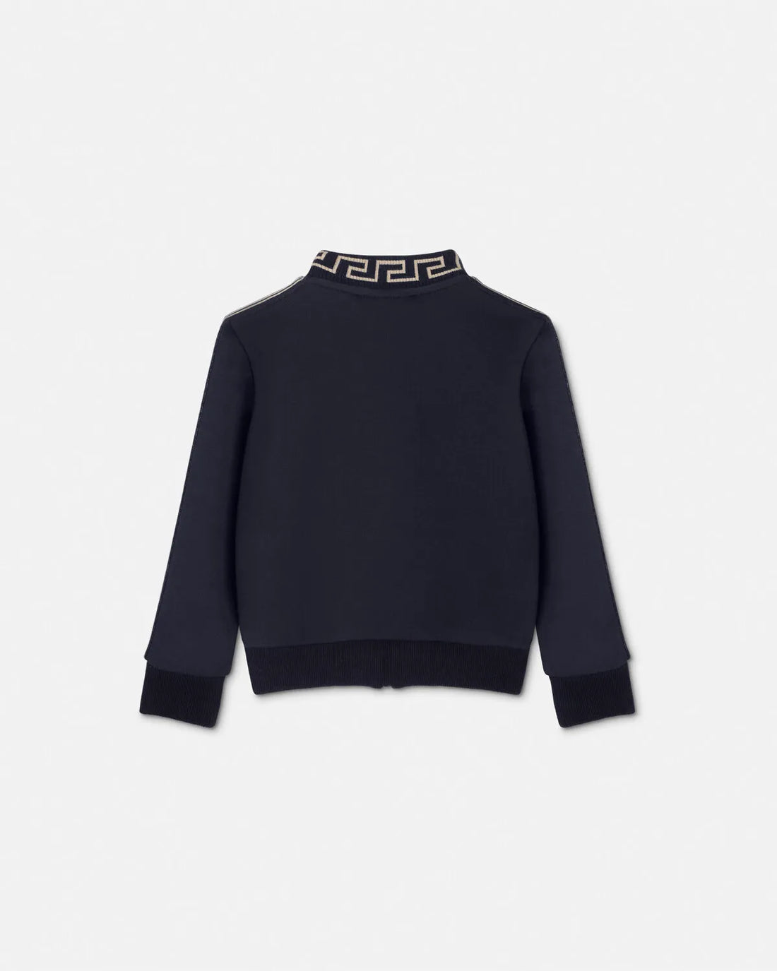 Versace Kids Greca Sweatshirt in blue, featuring Medusa embroidery, a ribbed Greca collar, and striped sleeve bands, available at Lestyle Boutique.