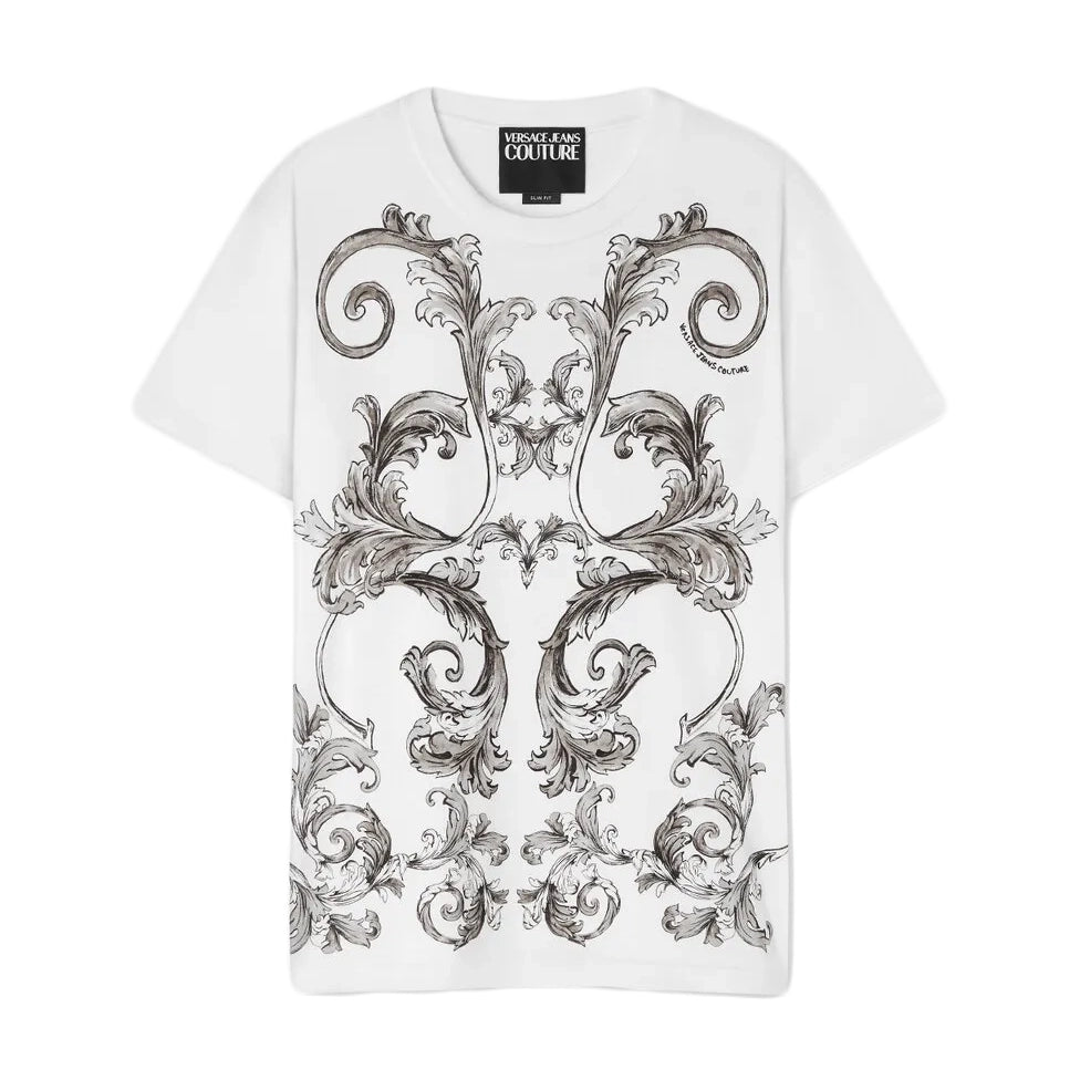 Versace Jeans Couture Outline Barocco Slim-Fit T-Shirt in white and grey, featuring a bold Barocco print, crewneck, and premium cotton fabric, available at Lestyle Boutique.