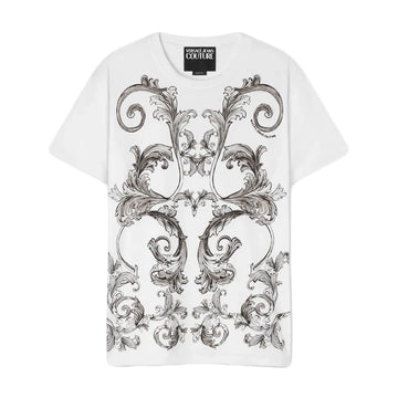 Versace Jeans Couture Outline Barocco Slim-Fit T-Shirt in white and grey, featuring a bold Barocco print, crewneck, and premium cotton fabric, available at Lestyle Boutique.