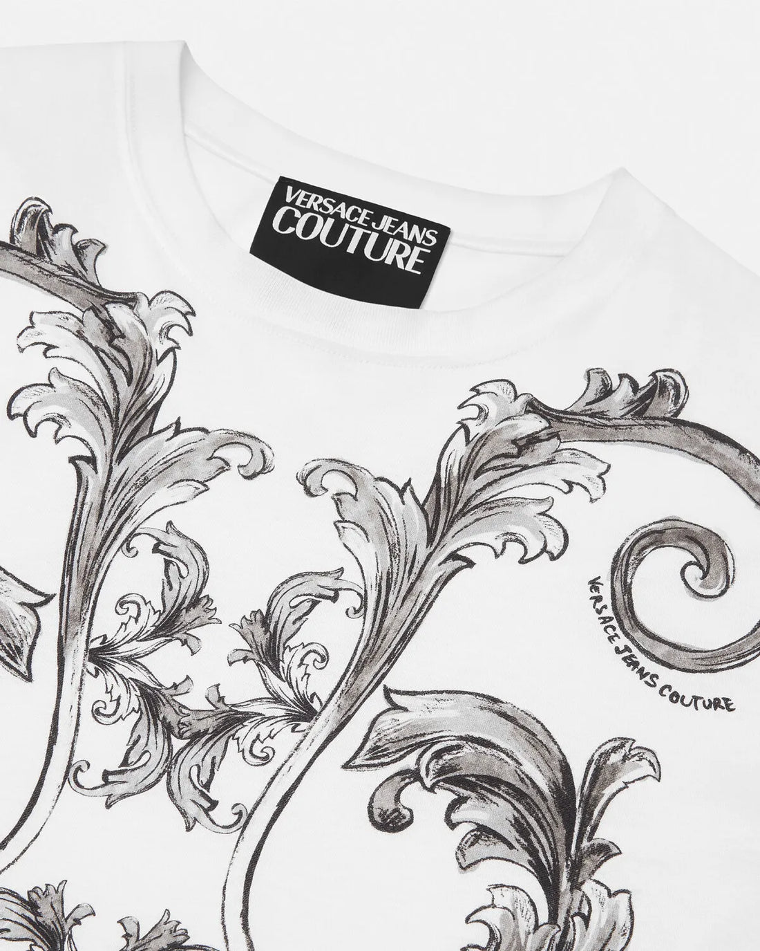 Versace Jeans Couture Outline Barocco Slim-Fit T-Shirt in white and grey, featuring a bold Barocco print, crewneck, and premium cotton fabric, available at Lestyle Boutique.