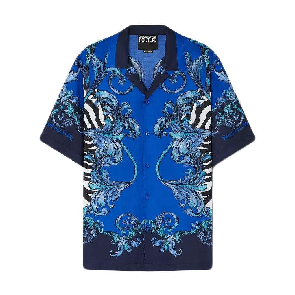 Versace Jeans Couture Zebra Regular-Fit Shirt in blue with striking zebra and Barocco prints, featuring a notched collar and button-down front, crafted from lightweight viscose—available at Lestyle Boutique.