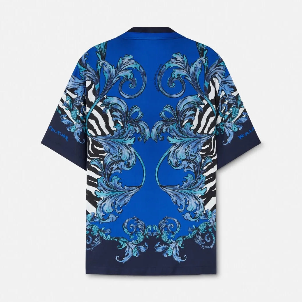 Versace Jeans Couture Zebra Regular-Fit Shirt in blue with striking zebra and Barocco prints, featuring a notched collar and button-down front, crafted from lightweight viscose—available at Lestyle Boutique.