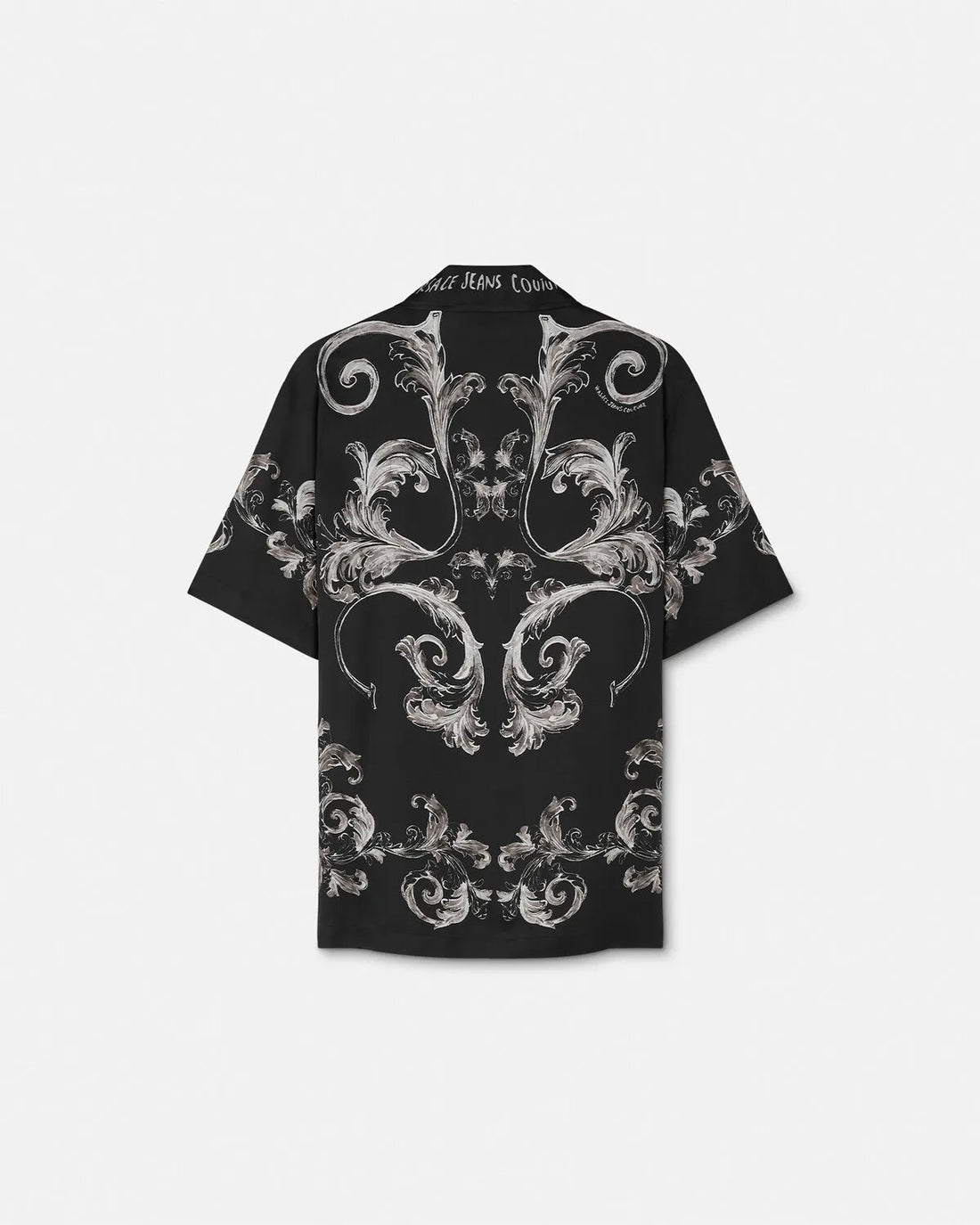 Versace Jeans Couture Outline Barocco Regular-Fit Shirt in black, featuring a short-sleeve design, notched collar, and signature Barocco print details, available at Lestyle Boutique.