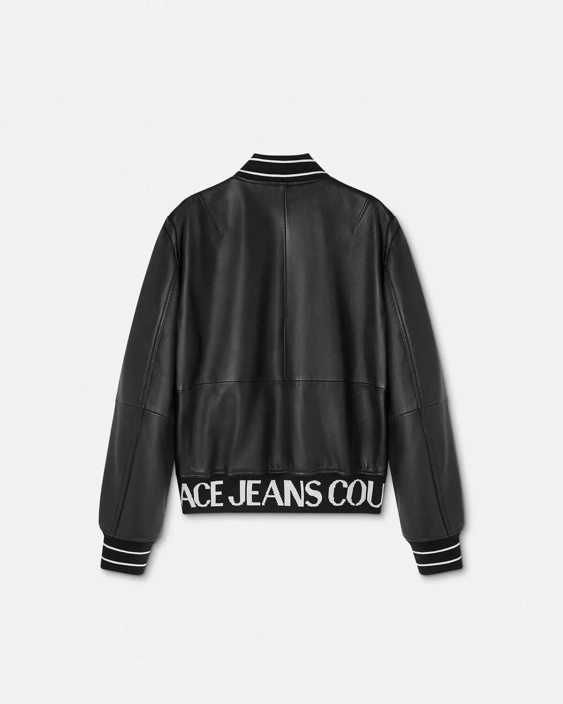 Versace Jeans Couture Logo Leather Bomber Jacket in black, featuring a sleek leather exterior, jacquard logo waistband, and striped elastic trims for a bold and contemporary look, available at Lestyle Boutique.