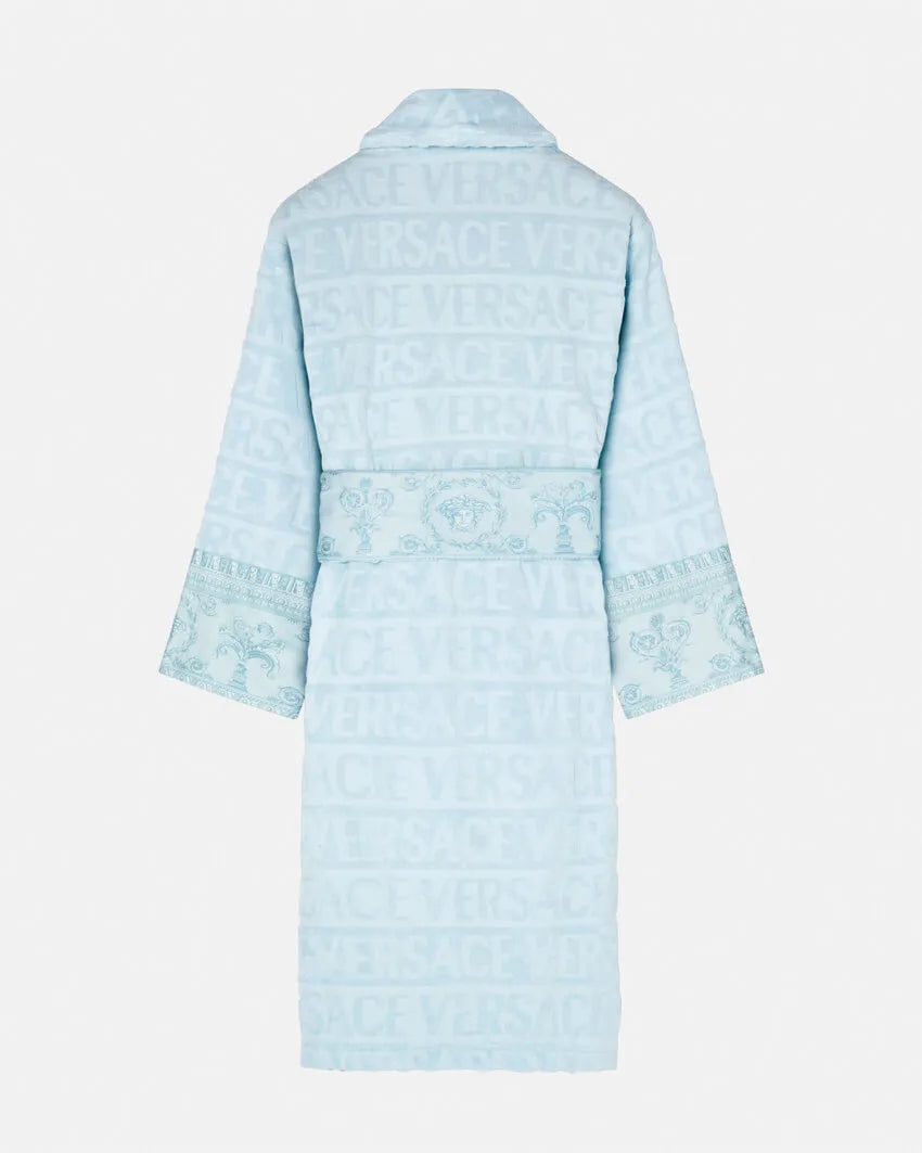 Versace I ♡ Baroque bathrobe in light blue with tonal Allover logo and Barocco print accents, made from soft cotton terry. Shop luxury robes now at Lestyle Boutique Melbourne.