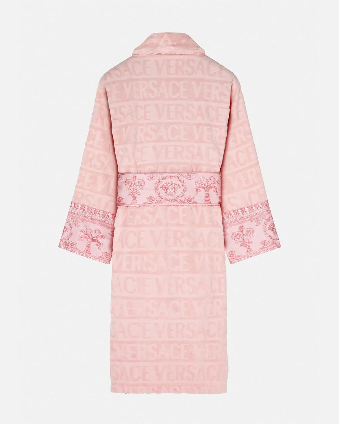 Versace I ♡ Baroque bathrobe in pink with tonal Allover logo and Barocco print belt and sleeve cuffs, crafted in soft cotton terry. Shop now at Lestyle Boutique Melbourne.