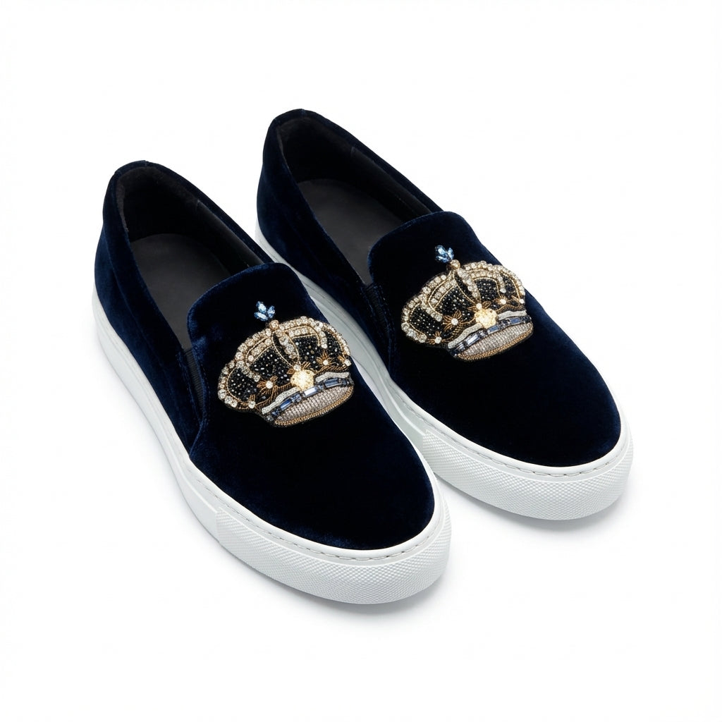 Versace navy velvet loafer featuring jeweled buckle available at Lestyle Boutique Melbourne