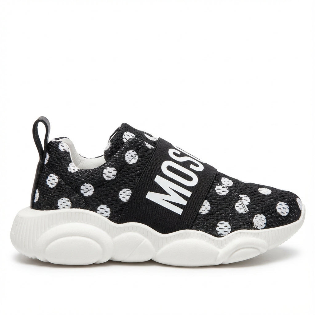 Moschino sneakers featuring a logo strap on a black knit upper with white polka dots, available at Lestyle Boutique Melbourne