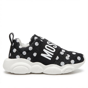 Moschino sneakers featuring a logo strap on a black knit upper with white polka dots, available at Lestyle Boutique Melbourne