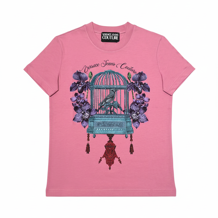 VERSACE JEANS COUTURE TSHIRT featuring a large graphic birdcage with floral motif available at Lestyle Boutique Melbourne
