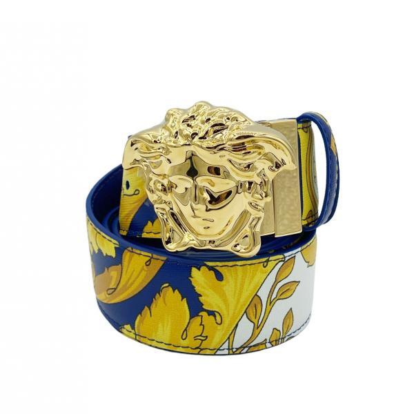Versace belt with gold Medusa head buckle and blue strap with yellow print, available at Lestyle Boutique Melbourne