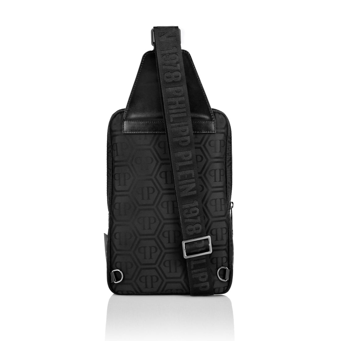 Philipp Plein black nylon jacquard crossbody bag with PP Hexagon logo, available at Lestyle Boutique.