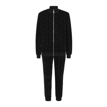 Philipp Plein black monogram tracksuit with PP Hexagon logo and saffiano leather details, available at Lestyle Boutique.
