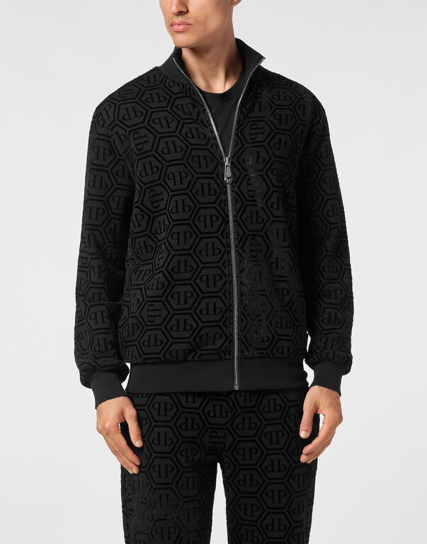 Philipp Plein black monogram tracksuit with PP Hexagon logo and saffiano leather details, available at Lestyle Boutique.