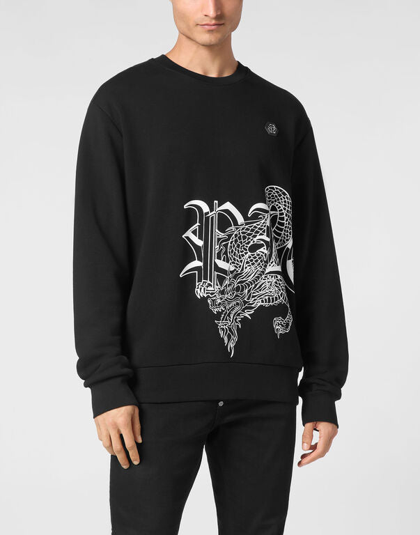 Philipp Plein black sweatshirt with dragon print and hexagon logo, available at Lestyle Boutique.
