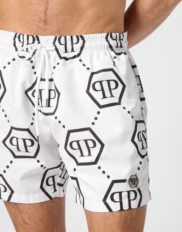 PHILIPP PLEIN SWIM SHORTS featuring all-over black monogram print available at Lestyle Boutique Melbourne