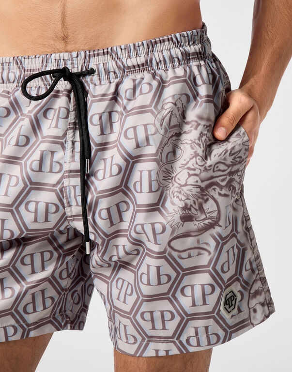 PHILIPP PLEIN SWIM SHORTS featuring dragon monogram print available at Lestyle Boutique Melbourne